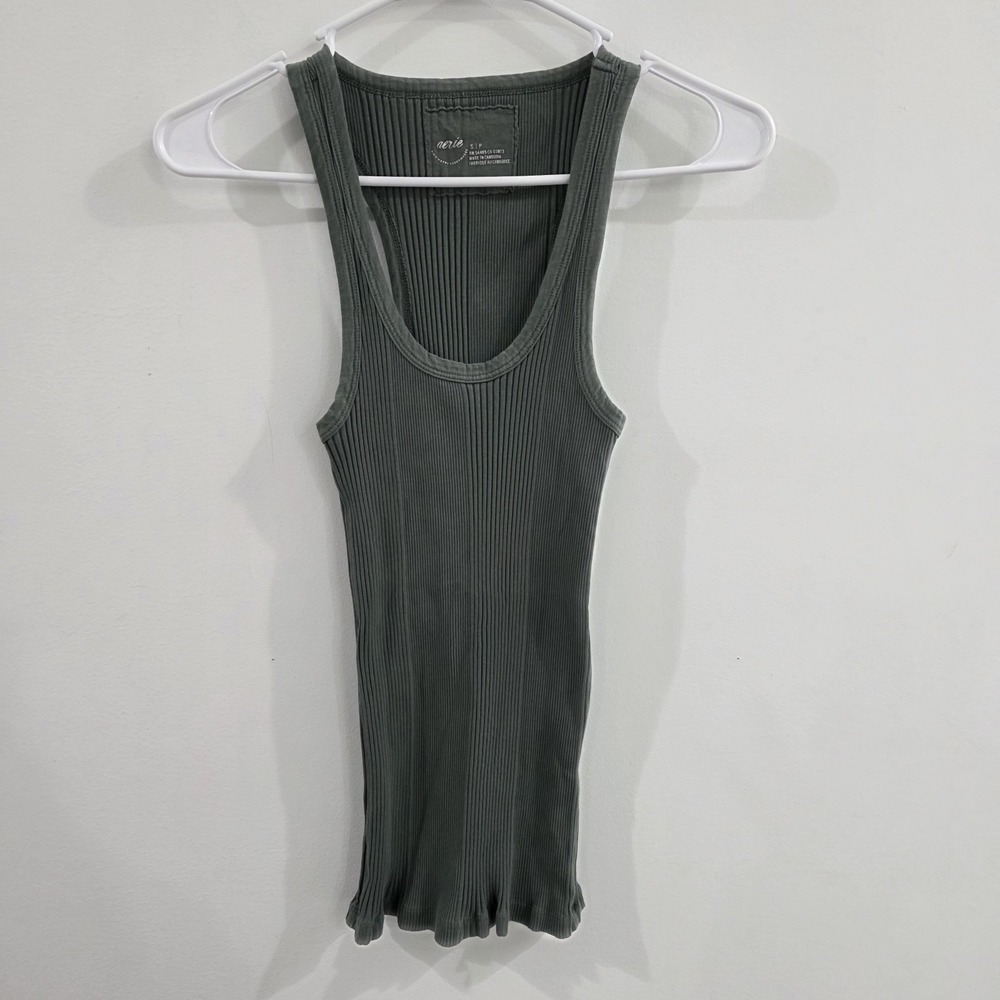 Aerie Womens Tank Top Size Small Ribbed Green‎ Fitted Preppy Y2K Elana Bella